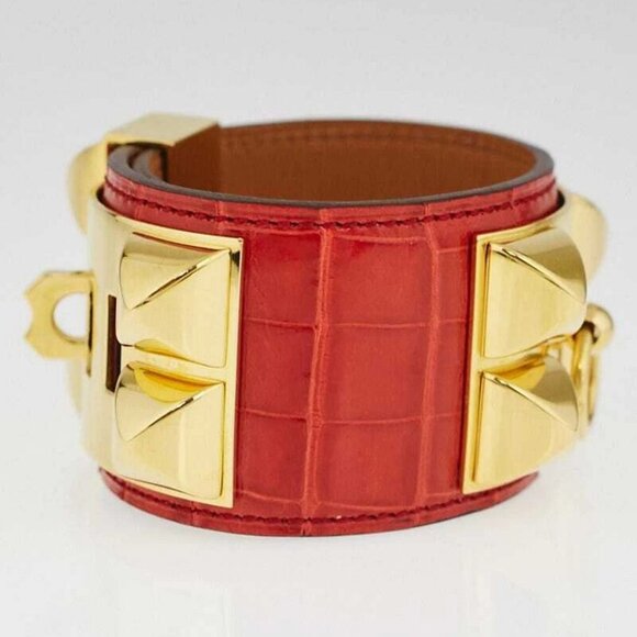 Hermes Geranium Matte Alligator Gold Plated Collier de Chien Cuff Bracelet - Picture 5 of 9